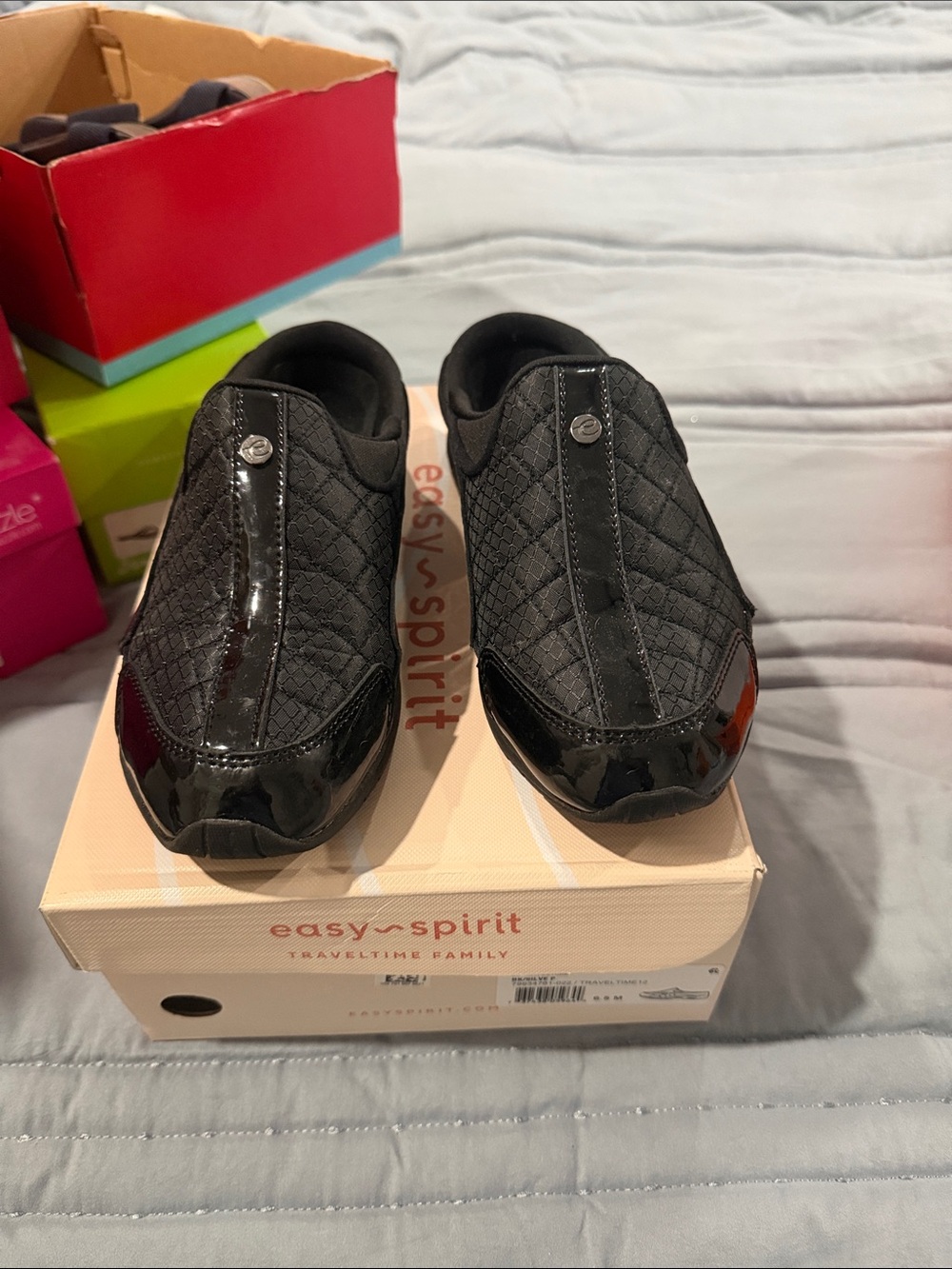 Easy Spirit Kids Black Quilted Slip-On Sneakers with Patent Trim